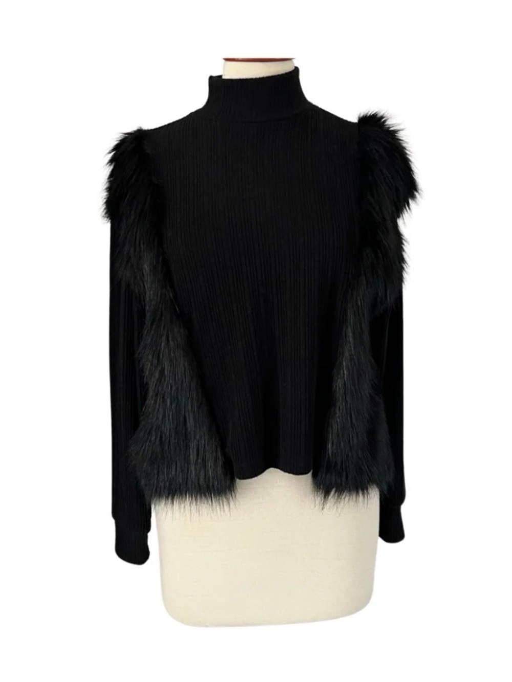 ZARA BLACK FAUX FUR RIBBED HIGH-NECK SWEATER SIZE S